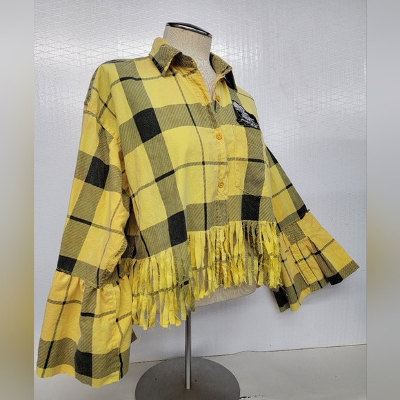 Yellow Plaid Fringe Shirt Shacket Speed Demon Upcycled - Picture 8 of 11